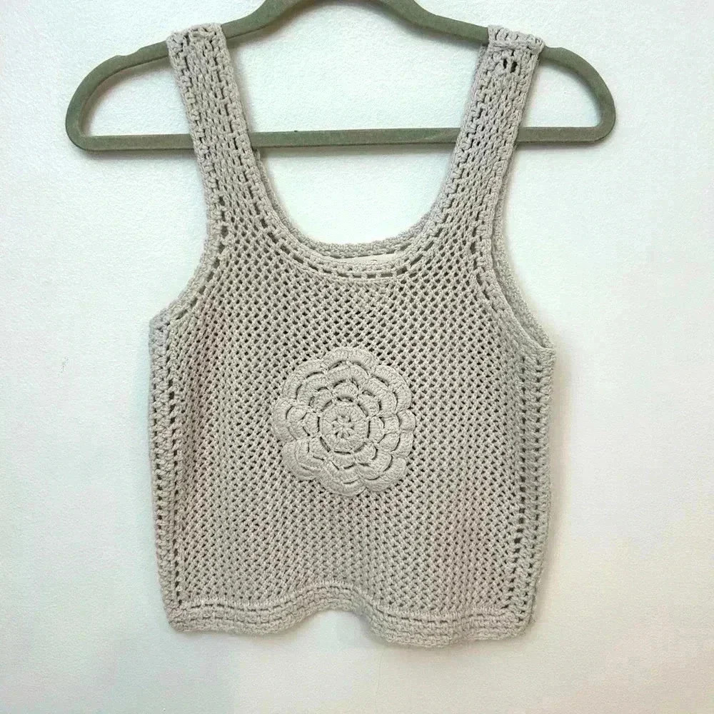 Crochet Rose festival tank top cottage core anthro chunky knit / vest